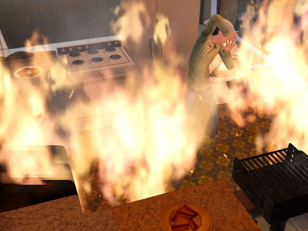 ... großes Feuer. Dieser Sim hat den Brand übrigens überlebt. Eine Kachel blieb am Ende vom Feuer verschont. Glück für den Sim. Generell sind solche "Unfälle" in "Sims 4" auch seltener geworden. Deshalb hier der Test in "Die Sims 3".