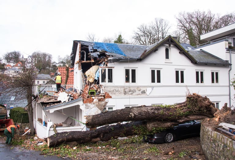Ein umgestürzter Baum liegt im Hamburger Stadtteil Blankenese auf einem Auto und vor einem stark beschädigten Wohnhaus. Sturmtief "Sabine" hat für zahlreiche Schäden im Norden gesorgt.