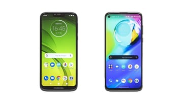 Klarer Designfortschritt: Die Montage zeigt links das Moto G7 Power mit krümeligem Display und großer "Notch" für Kameras und Sensoren, und rechts das neue Motorola G8 Power.