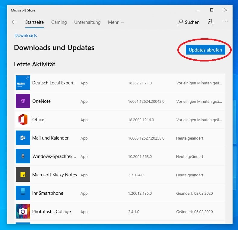 Es erscheint eine Liste mit allen installierten Windows-Apps. Mit einem Klick auf "Updates abrufen" können Sie manuell nach Updates suchen und sie installieren.