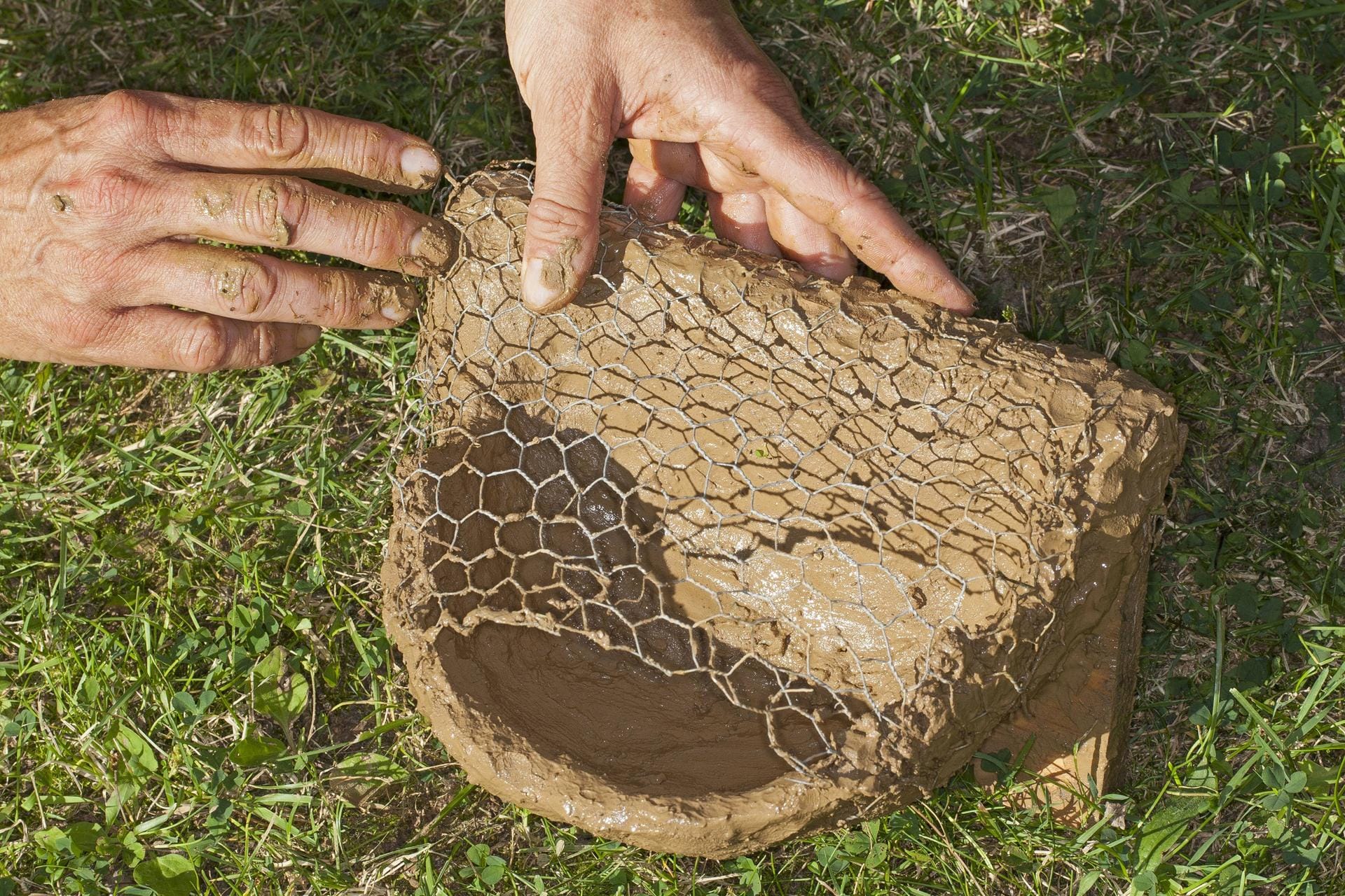 Mehlschwalben-Nisthilfe: Mit der Spachtelmasse formen Sie ein künstliches Netz um das Drahtgerüst herum.