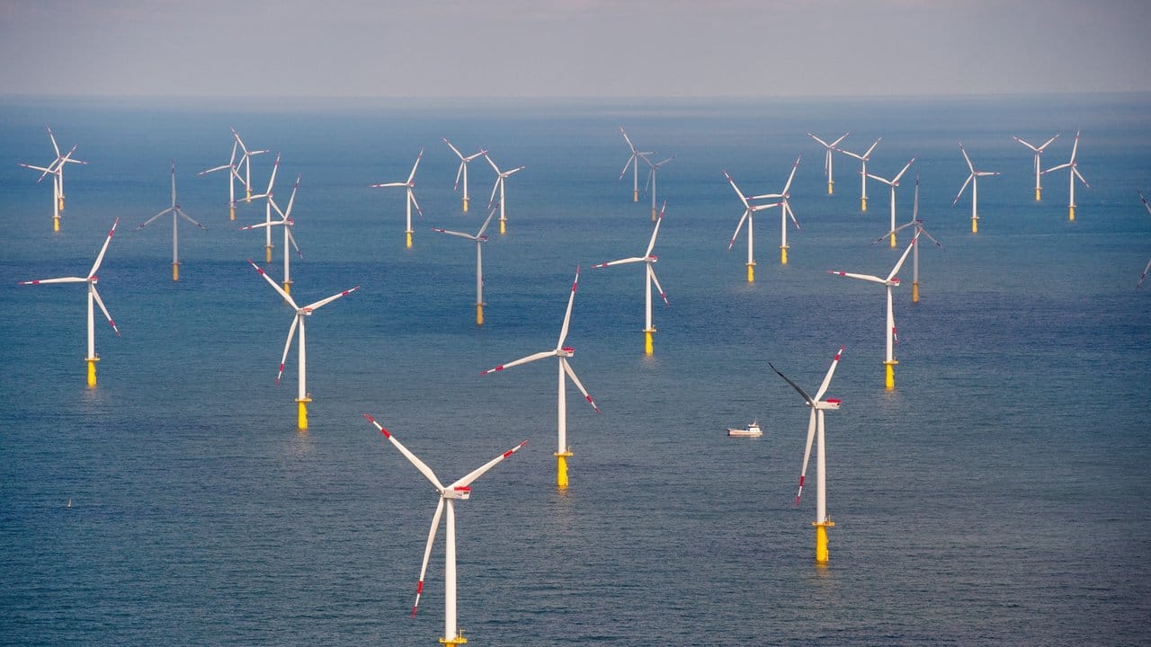 Blick auf Windräder eines Offshore-Windparks in der Nordsee.