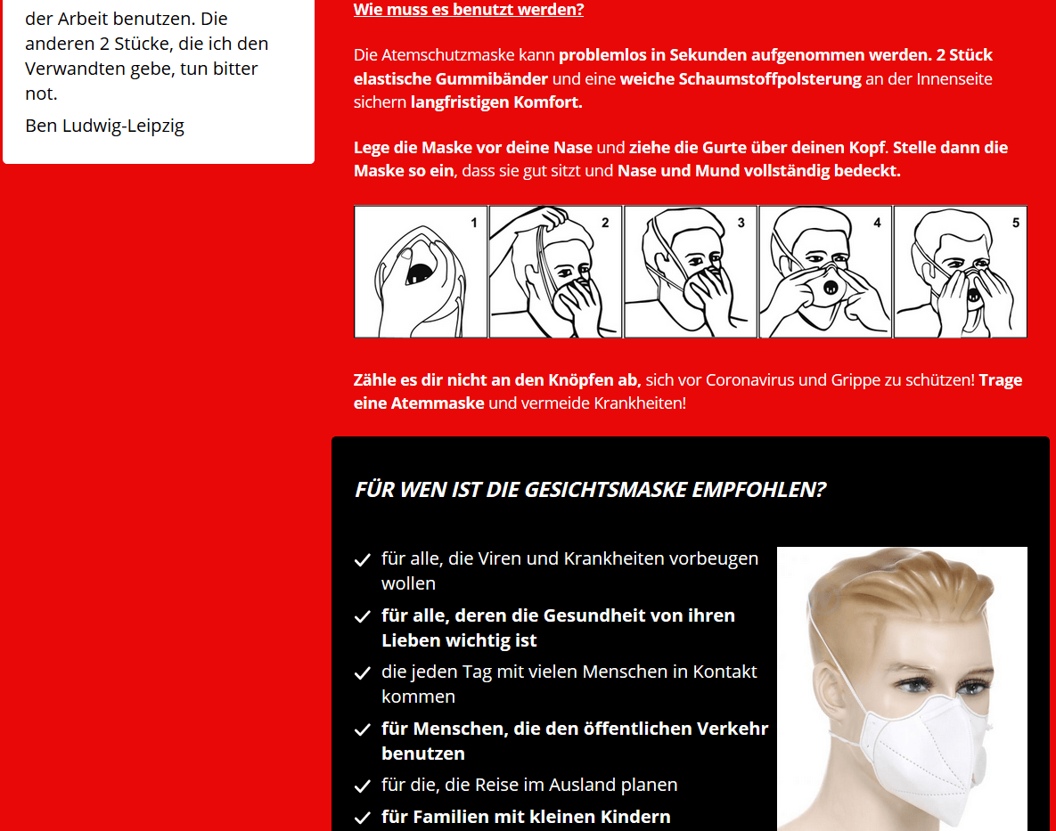 Eine Website, die angeblich Atemschutzmasken verkauft.