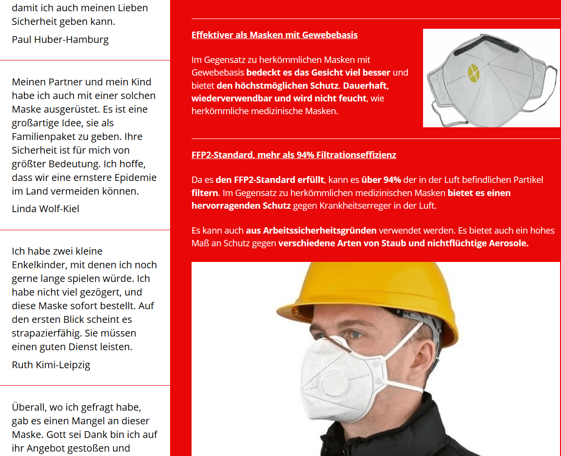 Eine Website, die angeblich Atemschutzmasken verkauft.
