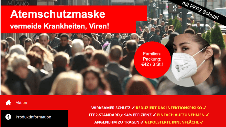Eine Website, die angeblich Atemschutzmasken verkauft.