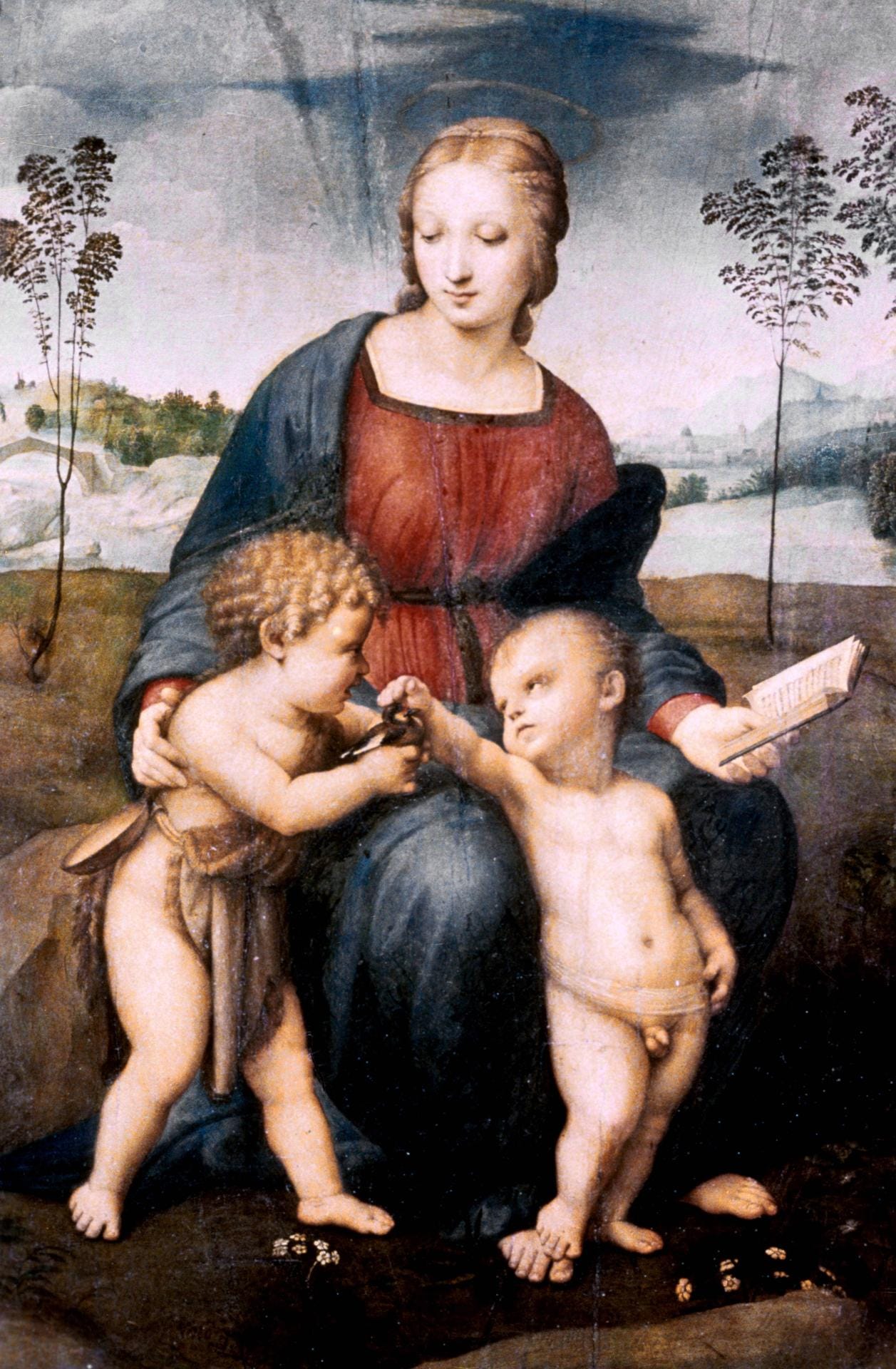 Madonna mit dem Stieglitz, etwa 1506, 107 x 77 cm, Öl auf Holz, Galleria degli Uffizi, Florenz: Maria mit den beiden Kindern Johannes und Jesus in der Dreieckskomposition. Zu Raffaels Werk zählen zahlreiche weitere Madonnendarstellungen.