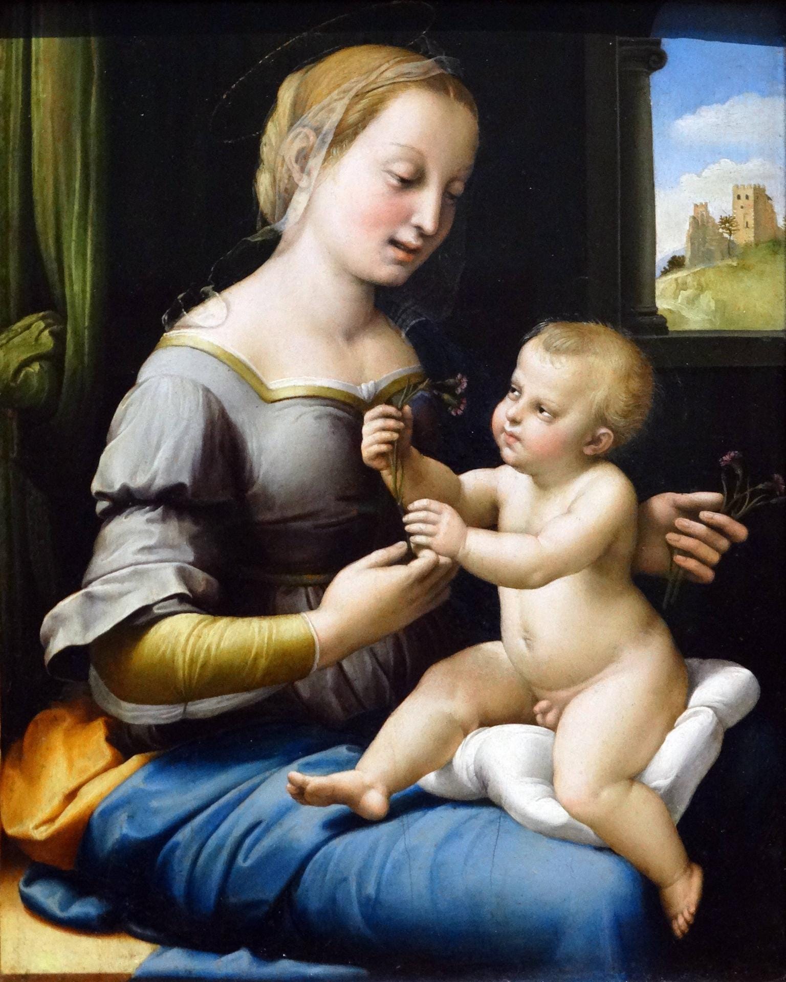 Madonna mit den Nelken, 1506–1508, Öl auf Eibenholz, 27,9 x 22,4 cm, National Gallery, London: Stammt aus Raffaels Zeit in Florenz. Die roten Nelken, die Maria an das Kind übergibt, stehen für die Passion Christi.