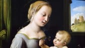 Madonna mit den Nelken, 1506–1508, Öl auf Eibenholz, 27,9 x 22,4 cm, National Gallery, London: Stammt aus Raffaels Zeit in Florenz. Die roten Nelken, die Maria an das Kind übergibt, stehen für die Passion Christi.