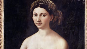 La Fornarina, 1519/1520, 85 cm x 60 cm, Öl auf Holzm Galleria Nazionale d'Arte Antica, Rom: Dieses Porträt zeigt die Bäckerstochter Margherita Luti, vermutlich die Geliebte Raffaels. An ihrem Arm ist ein Reif, auf dem "RAPHAEL URBINAS" zu lesen ist. Viele Madonnen des Künstlers tragen die Gesichtszüge der Bäckerstochter.