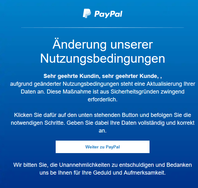 Ein Betreff so einer Mail kann zum Beispiel lauten "Unsere Geschäftsbedingungen haben sich geändert - Ihre Mitwirkung ist erforderlich", schreibt die Verbraucherzentrale.