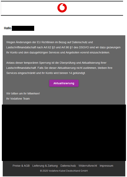 Vodafone-Kunden sollten sich derzeit vor Phishing-Mails in Namen des Unternehmens hüten. Hier behaupten Kriminelle, dass Nutzer wegen Änderungen der "EU Richtlinien" ihre Daten zu aktualisieren.