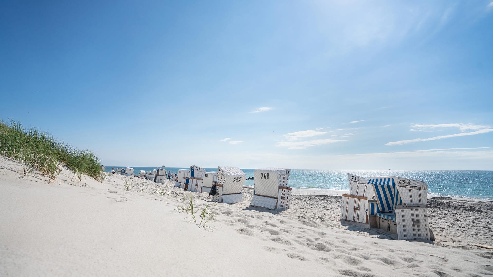 Ausblick aufs Meer: Strandkörbe am Hörnumer Weststrand auf Sylt.