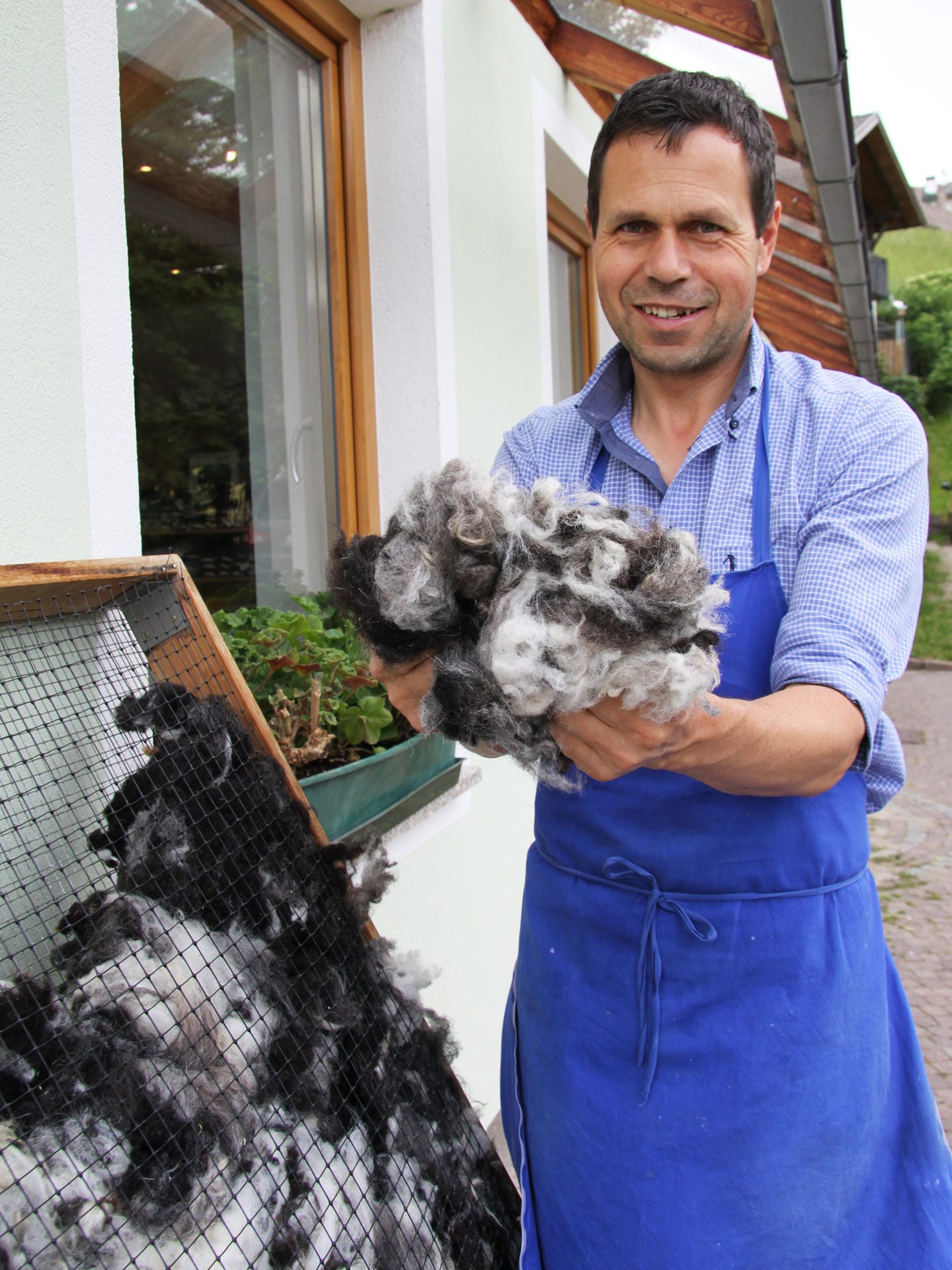 Albert Unterweger klaubt ein Bündel Wolle aus dem Trockenrahmen. Daraus werden Jacken, Teppiche und Kissen hergestellt.