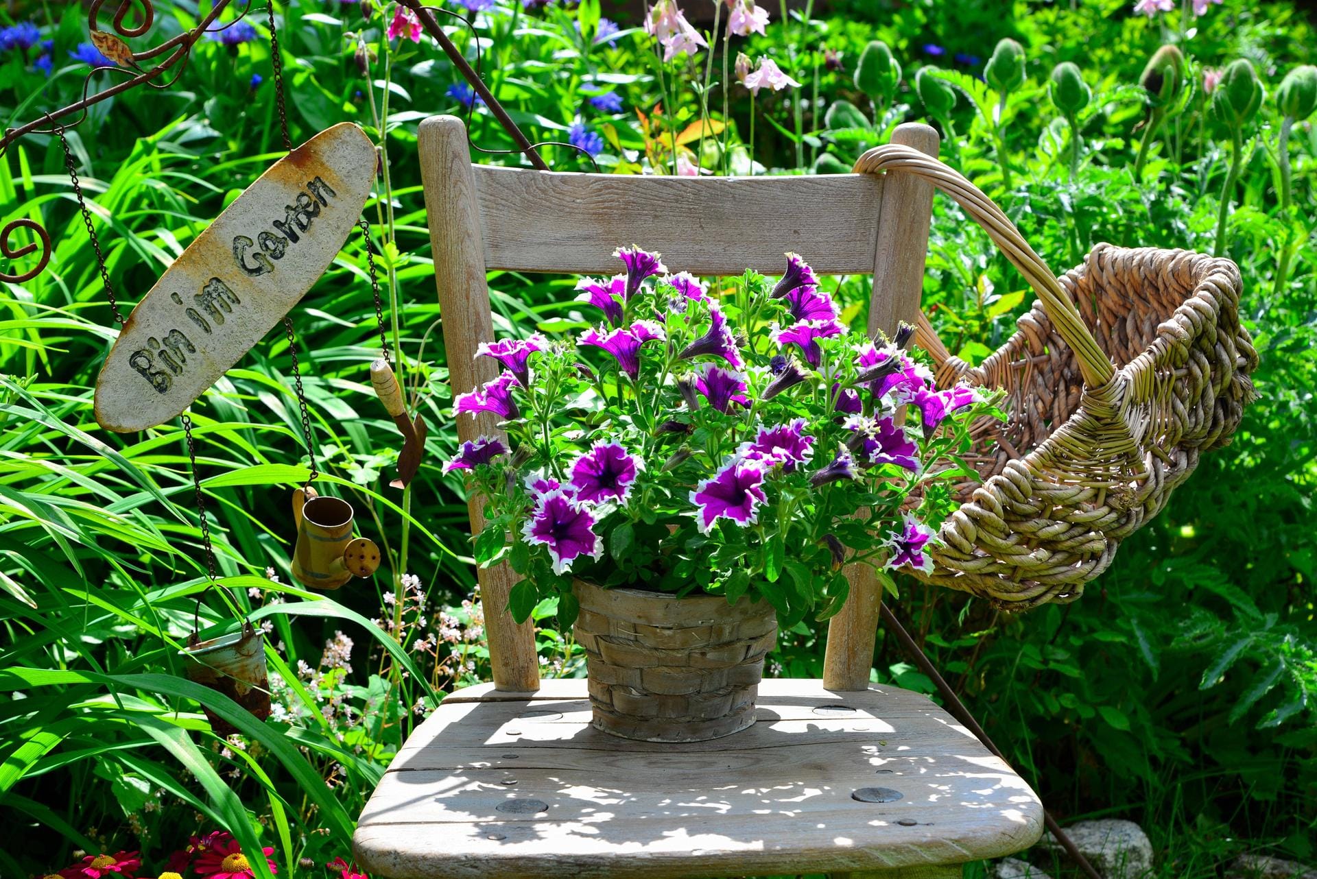 Pflanzenstuhl: Stellen Sie einfach eine blühende Pflanze auf die Sitzfläche und dekorieren Sie die Stuhllehnen. Fertig ist der blumige Hingucker.
