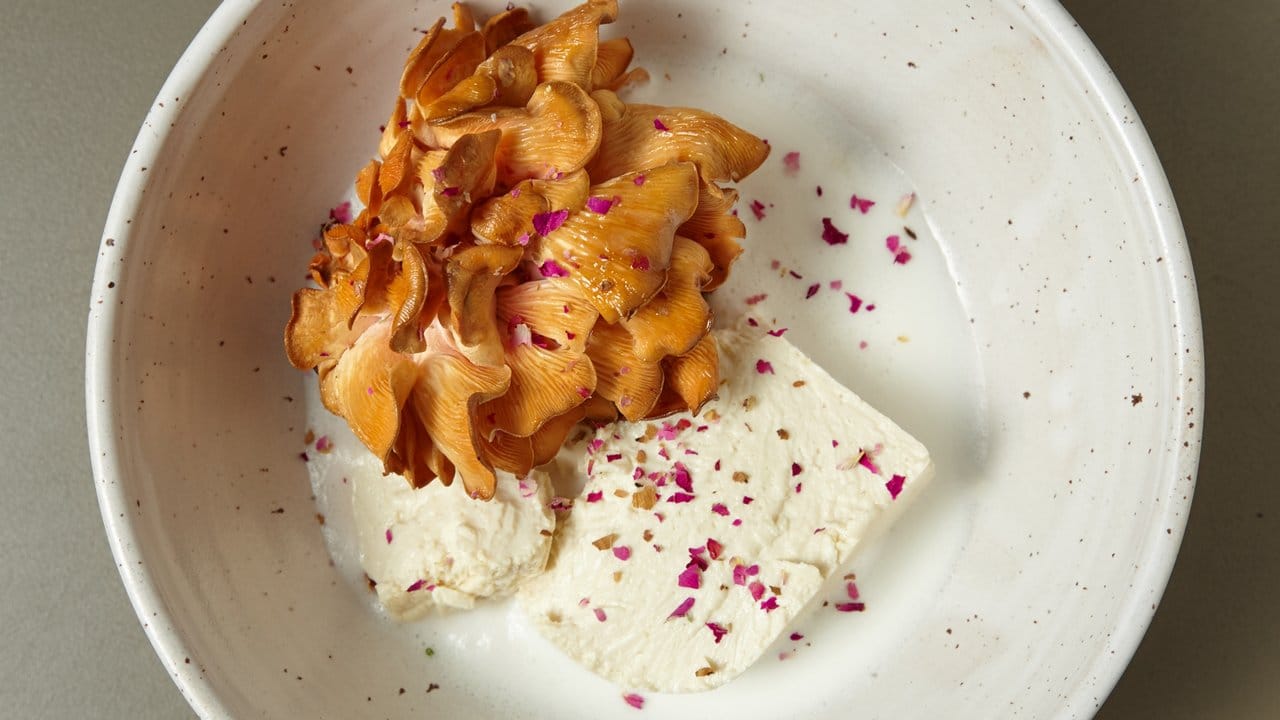 Ein Dreiklang aus Rosenseitling, Rosenblüten und Tofu, serviert im Berliner Restaurant Baldon.