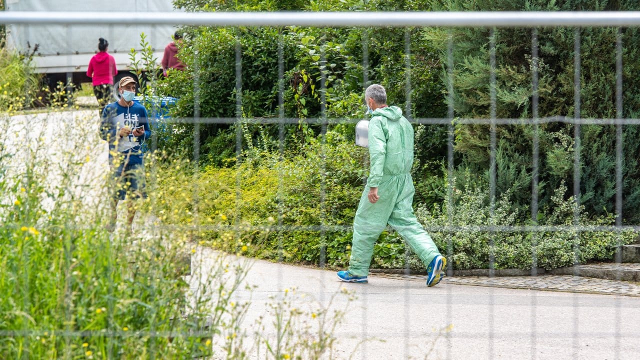 Ein Mann in Schutzanzug auf dem Gelände des betroffenen Bauernhofs. Ein Mann in Schutzanzug auf dem Gelände des betroffenen Bauernhofs.