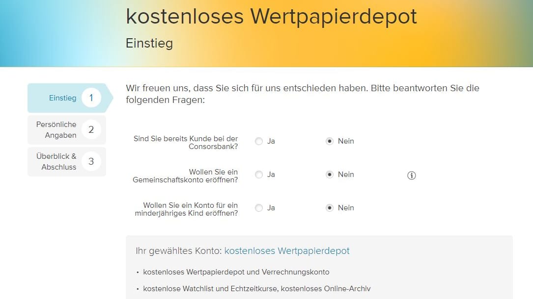 Schritt 1: Depot beantragen. Sie können den Antrag für ein Depot direkt auf der Website Ihres Anbieters ausfüllen. Dafür müssen Sie zunächst ein paar generelle Fragen beantworten – etwa ob Sie bereits Kunde bei der Bank sind.