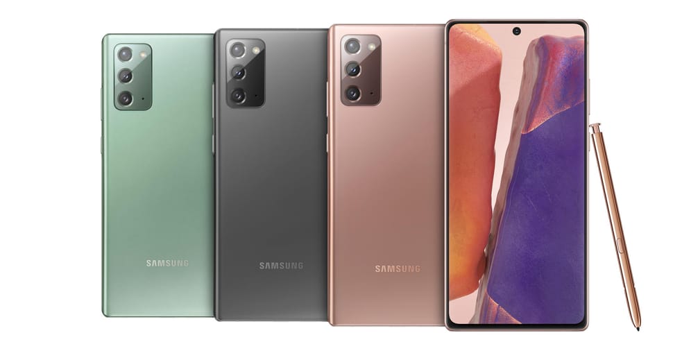 Das "kleinere" Modell Samsung Galaxy Note 20 trägt Grün, Grau oder Bronze.