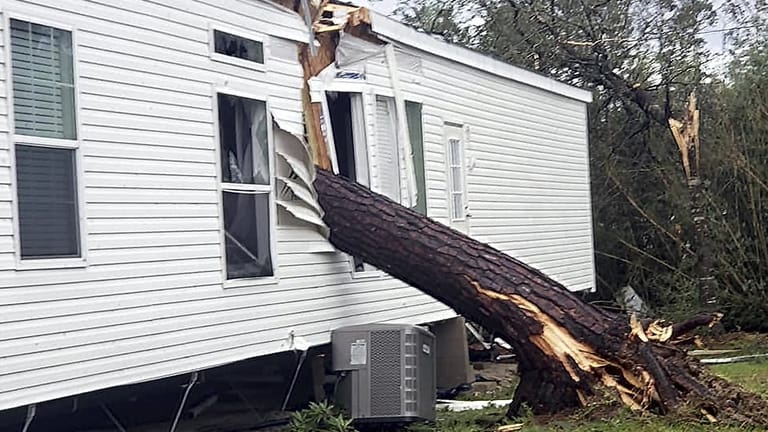 Ein Baumstamm ragt in ein Wohnmobil in einem Wohnwagenpark in Westlake (Louisiana).