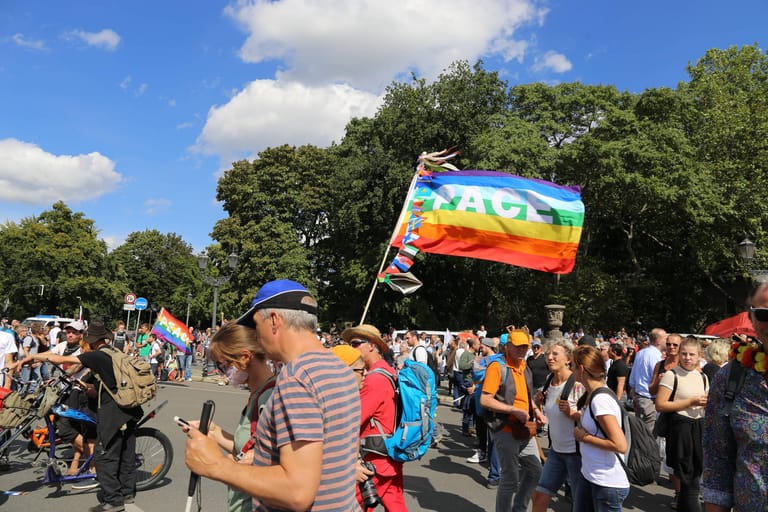 Hier und da weht zwischen Reichsflaggen und Deutschland-Fahnen eine Regenbogen-Fahne. Mit dem PACE-Schriftzug steht sie für die internationale Friedensbewegung. Im Gegensatz zur Regenbogen-Fahne, die von der LGBTQ+ Szene verwendet wird, hat die PACE-Flagge sieben statt nur sechs Farben, die in umgekehrter Reihenfolge angeordnet (von Violett nach Rot) sind. Zudem trägt die Regenbogenfahne der LGBTQ+-Bewegung keinen Schriftzug.