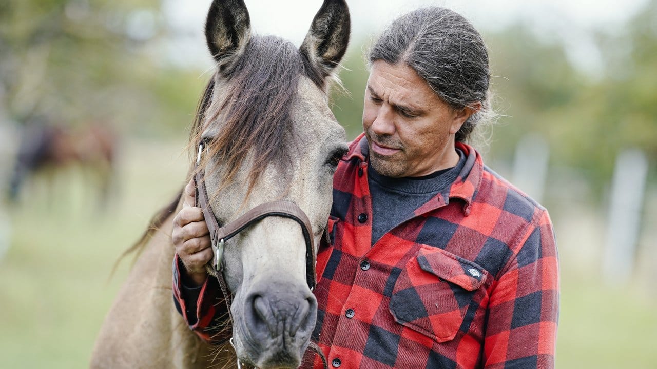 Dominic Sohl, Pächter eines Pferdehofes im Raum Heidelberg, steht mit einem Pferd auf einer Weide.