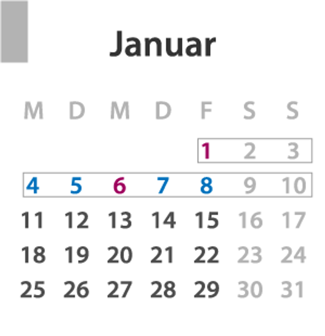 Brückentage Januar 2021: Die Feiertage sind lila und die Urlaubstage blau markiert, der komplette Urlaubszeitraum ist grau umrandet.