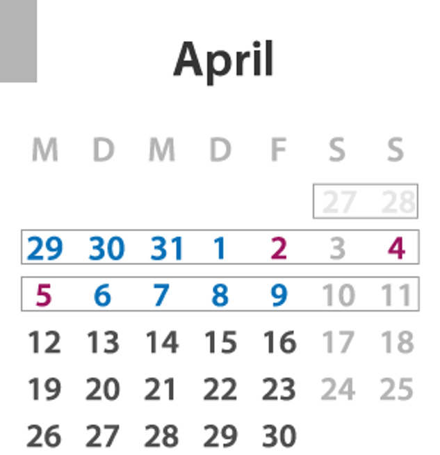Brückentage April 2021: Die Feiertage sind lila und die Urlaubstage blau markiert, der komplette Urlaubszeitraum ist grau umrandet.