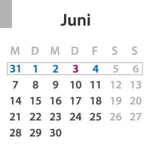 Brückentage Juni 2021: Die Feiertage sind lila und die Urlaubstage blau markiert, der komplette Urlaubszeitraum ist grau umrandet.