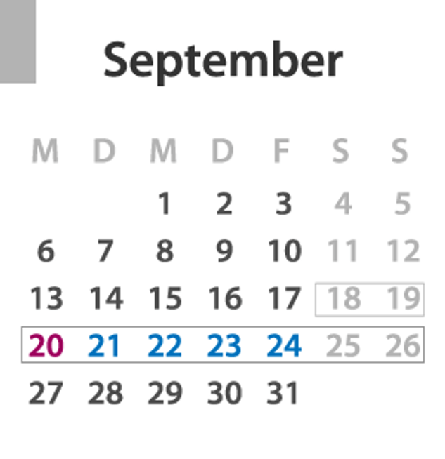 Brückentage September 2021: Die Feiertage sind lila und die Urlaubstage blau markiert, der komplette Urlaubszeitraum ist grau umrandet.
