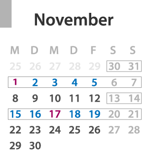 Brückentage November 2021: Die Feiertage sind lila und die Urlaubstage blau markiert, der komplette Urlaubszeitraum ist grau umrandet.