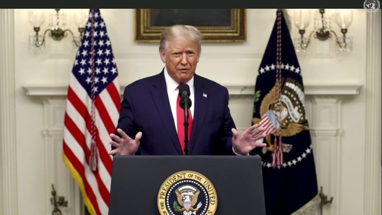 Donald Trump, Präsident der USA, spricht während einer vorab aufgezeichneten Videobotschaft anlässlich des Beginns der Generaldebatte der 75.