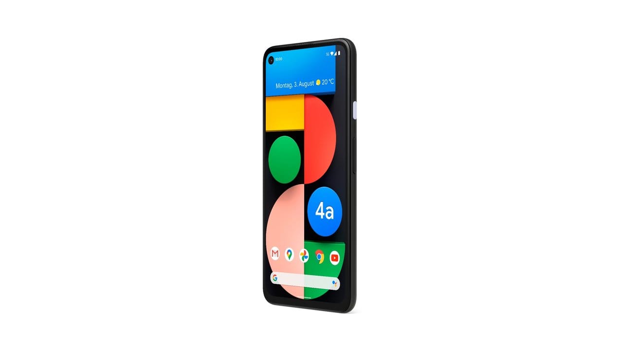 Googles neues Smartphone Pixel 4a 5G gibt es in Schwarz und mit einem markanten weißen Einschaltknopf.