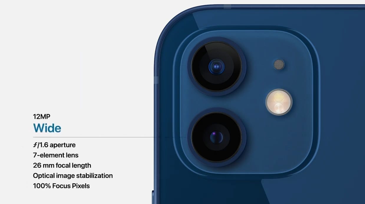 Das iPhone 12 hat eine Dual-Kamera. Dabei ist eine Ultraweitwinkelkamera mit 120 Grad Blickwinkel verbaut. Die Hauptkamera hat eine 1,6 Blende, was noch mehr Licht zum Sensor lenkt. Außerdem wird der Nachmodus auch auf die Selfie-Kamera übertragen. Auch die Videofunktion soll verbessert worden sein. Neu etwa ein Nacht-Zeitraffermodus.