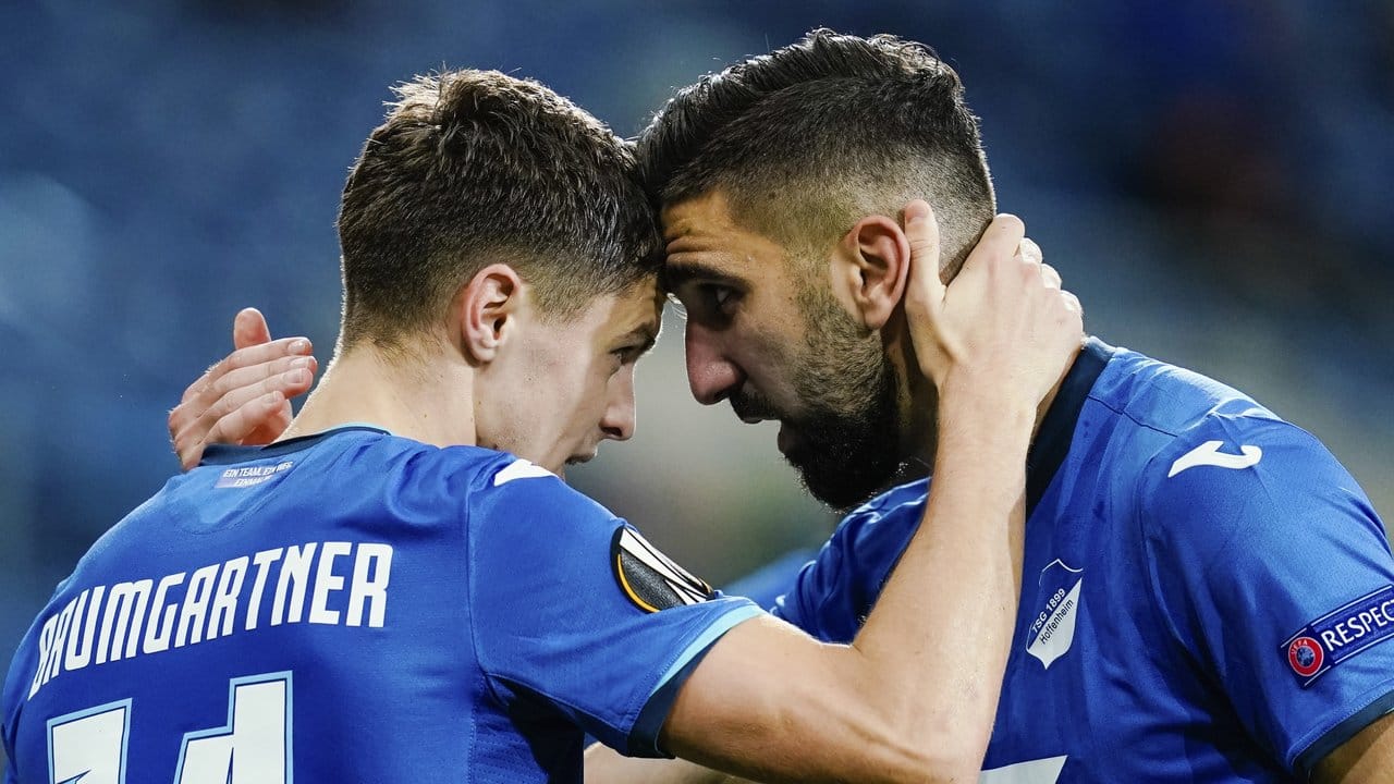 Schossen Hoffenheim zum Heimsieg gegen Belgrad: Christoph Baumgartner (l) und Munas Dabbur. Schossen Hoffenheim zum Heimsieg gegen Belgrad: Christoph Baumgartner (l) und Munas Dabbur.