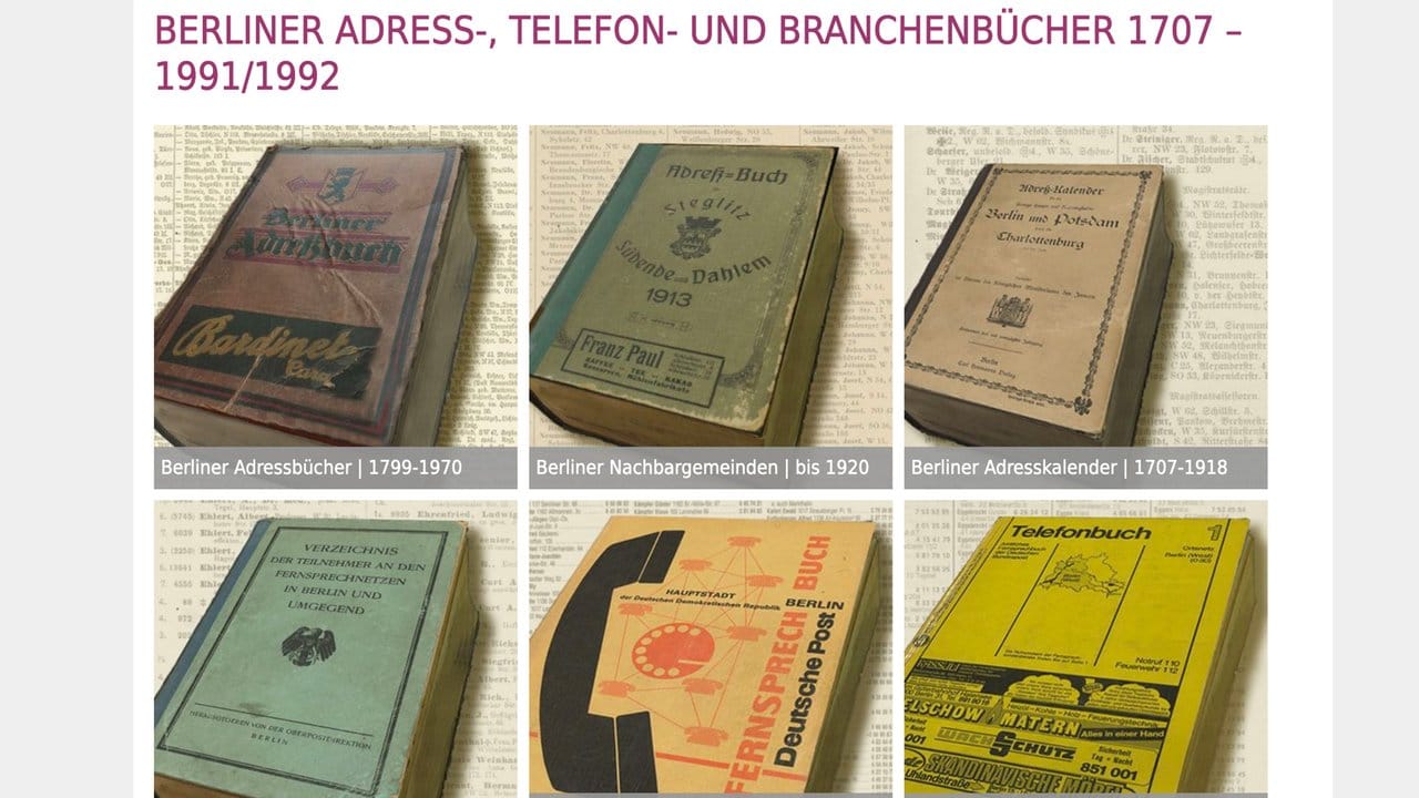 Telefon- und Branchenbücher aus vergangenen Jahrzehnten und Jahrhunderten stellt die Berliner Zentralbibliothek virtuell aus. Telefon- und Branchenbücher aus vergangenen Jahrzehnten und Jahrhunderten stellt die Berliner Zentralbibliothek virtuell aus.