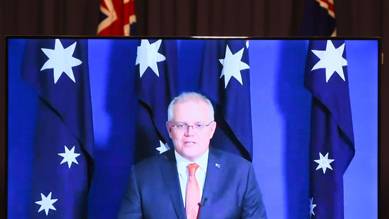Scott Morrison, Premierminister von Australien, spricht während einer virtuellen Pressekonferenz im Parlamentsgebäude zu den Medien.