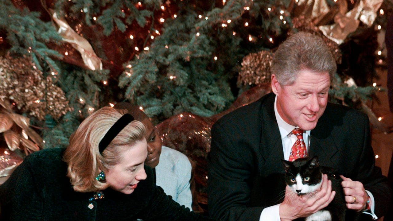 Präsident Clinton 1996 mit Katze Socks auf dem Schoß, links die damalige First Lady Hillary Clinton.