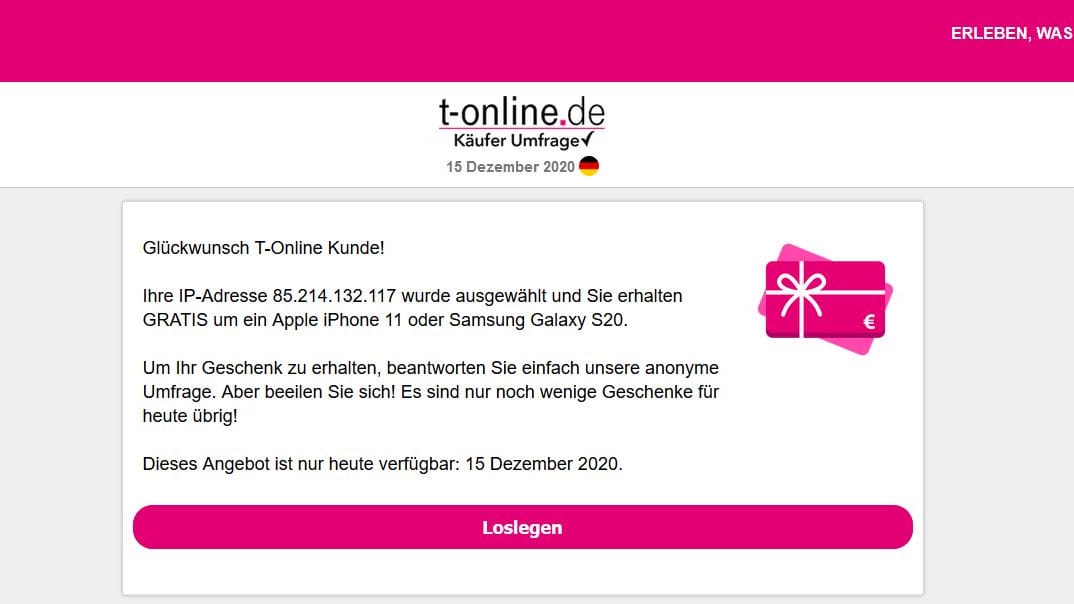 Wer auf den Link in der Mail klickt, landet auf einer Website, die die der Telekom nachempfunden ist.