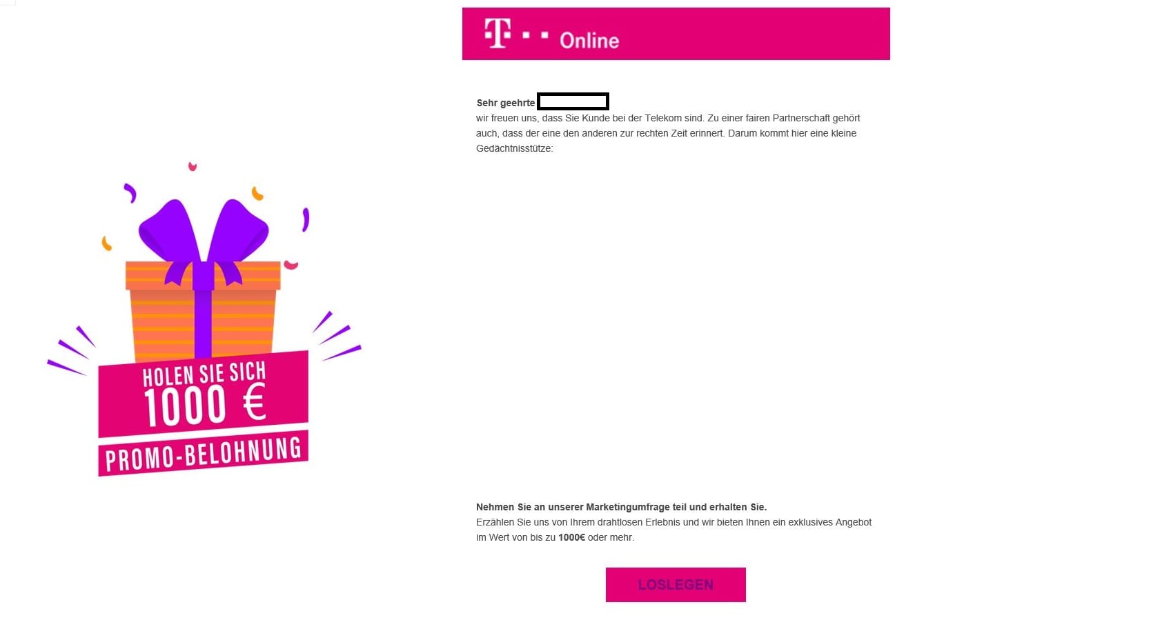 Aktuell erhalten Nutzer eine Mail in Namen der Telekom. Ihnen wird eine "Promo-Belohnung" im Wert von 1.000 Euro versprochen.