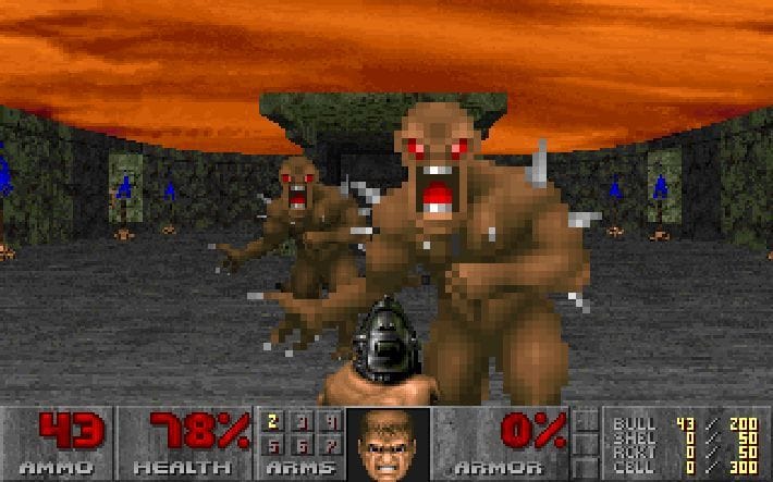Im Ego-Shooter "Doom" (1993) übernehmen Spieler die Rolle des letzten überlebenden Marines einer Marsbasis, die von Dämonen überrannt wurde. Das Ziel: Die Basis von allen Dämonen befreien. Bereits "Wolfenstein 3D" konnte 1992 mit seiner rudimentären 3-D-Grafik beeindrucken. Ende 1993 folgte "Doom" und hob das Ganze auf ein neues Level: Bessere Grafik, komplexere Levels, mehr Waffen, viele versteckte Extras und auch einen Mehrspielermodus bot der Titel.