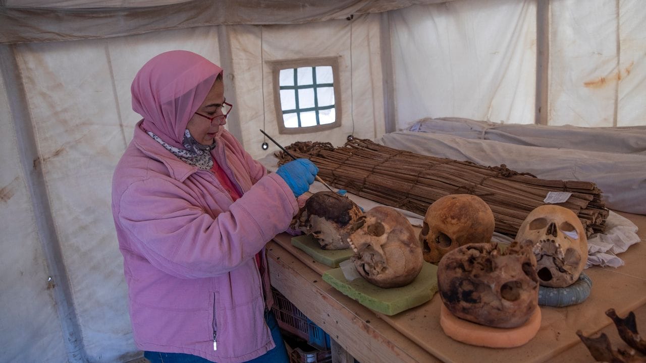 Eine Archäologin bepinselt antike Totenköpfe.