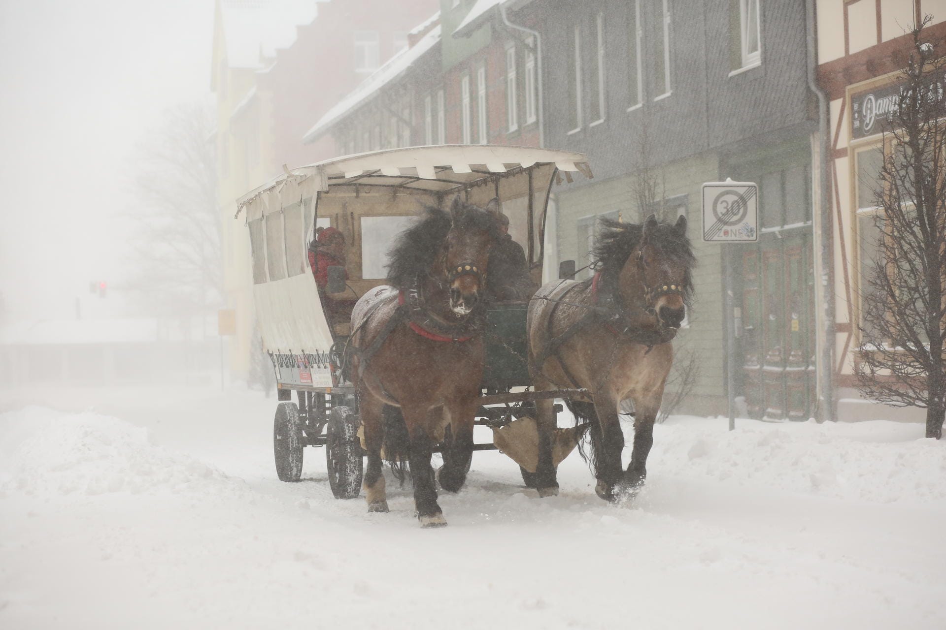 Im Schneegestöber fährt eine Pferdekutsche durch Wernigerode: Tief Tristan hat auch im Harz für gewaltige Schneemengen gesorgt.