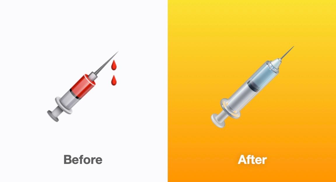 Apple hat zudem das Aussehen von zwei Emojis geändert: Bei der Spritze wurde das Blut entfernt und durch eine durchsichtige Flüssigkeit ersetzt. Damit soll das Emoji wohl vielseitiger eingesetzt werden können – beispielsweise als Corona-Impfstoff.