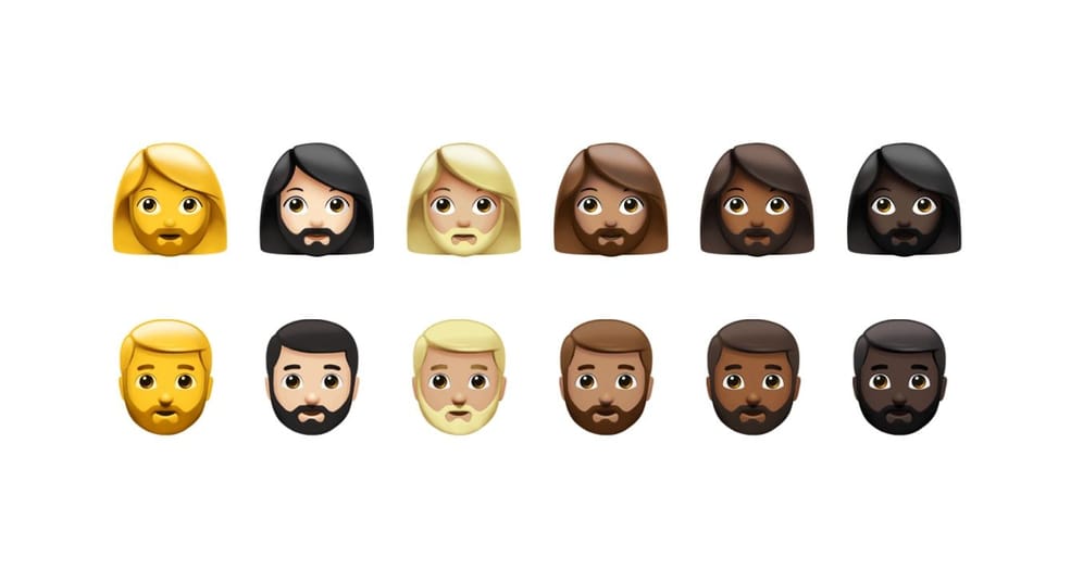 Bei den Paar-Emojis können Nutzer nun mehr Hautfarben auswählen. Zudem gibt es nun Emojis, die Frauen mit Bart und Männer mit Bart zeigen.