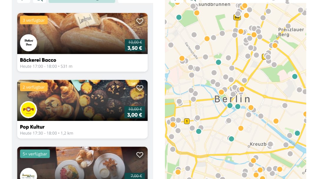 "Too Good to Go": Diese App soll dabei helfen, dass in der Gastronomie weniger Lebensmittel weggeworfen werden, die eigentlich noch genießbar sind. Das Konzept ist simpel: Gastrobetriebe wie Restaurants oder Bäcker bieten kurz vor Ladenschluss die noch übrige Ware zu einem vergünstigten Preis an. Über eine Liste oder Karte können Nutzer die Betriebe auswählen, eine Bestellung abgeben, sie bezahlen und die Speisen anschließend im Laden abholen. Die App ist kostenlos für Android und iOS verfügbar.