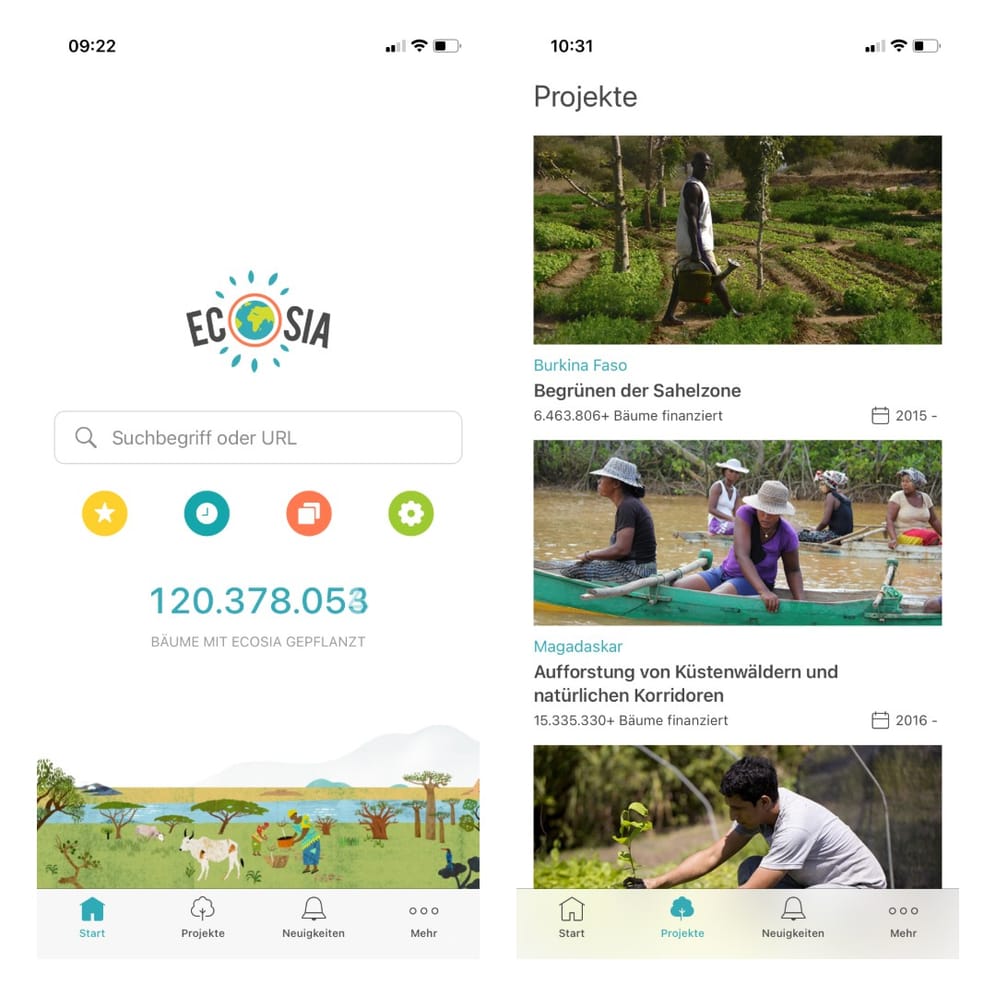 "Ecosia": Im Internet surfen und gleichzeitig Bäume pflanzen? Das verspricht diese grüne Suchmaschine. Die Funktionsweise und die Ergebnissen ähneln zwar Google, stammen aber von Microsofts Bing. Das Besondere: "Ecosia" unterstützt mit den Einnahmen aus Werbeerlösen verschiedene Aufforstungsprojekte auf der ganzen Welt. Zudem wird die Suchmaschine zu 100 Prozent mit erneuerbarer Energie betrieben. Die App gibt es kostenlos für Android und iOS.