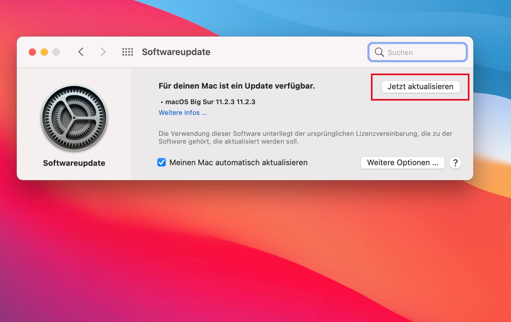 Nun öffnet sich das "Softwareupdate"-Fenster. Ist eine Aktualisierung für macOS oder ein Apple-Programm verfügbar, wird dies hier angezeigt. In diesem Fall wartet gerade ein Update für das Betriebssystem auf Anwendung. Ein Klick auf "Jetzt aktualisieren" startet das Update.