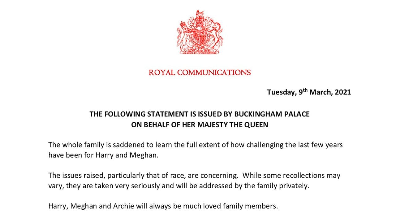 Das vom Buckingham-Palast zur Verfügung gestellte Foto zeigt eine Erklärung, die im Namen der britischen Königin herausgegeben wurde. Das vom Buckingham-Palast zur Verfügung gestellte Foto zeigt eine Erklärung, die im Namen der britischen Königin herausgegeben wurde.
