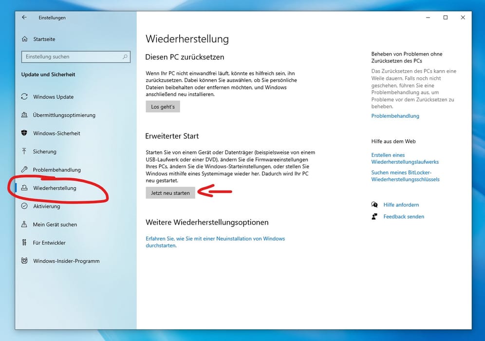 Weiter geht es mit den Wiederherstellungs-Optionen. Hier müssen Sie unter "Erweiterter Start" auf "jetzt neu starten" klicken.