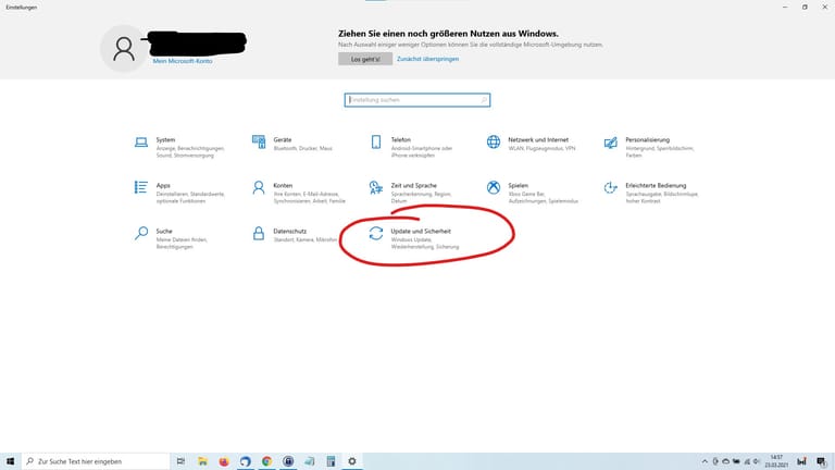 Als nächstes wählen Sie "Update & Sicherheit".